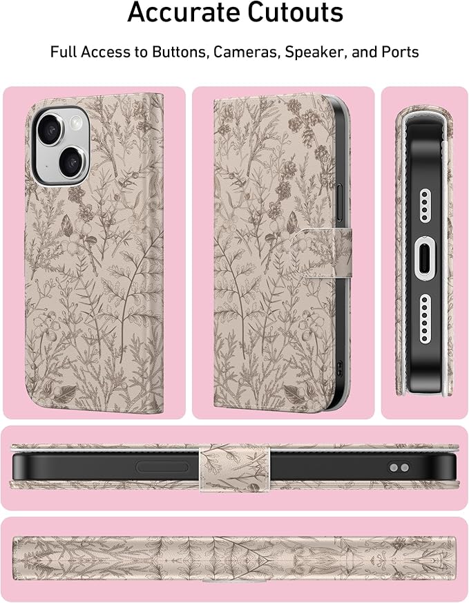 DEENAKIN for iPhone 15 Wallet Case with Card Holder + Cash Clip, RFID-Blocking, Military-Grade Drop Protection, Magnetic Closure with Leather Kickstand - Serene Foliage