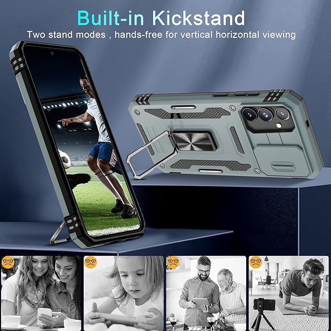 DEERLAMN Case for Samsung Galaxy S24+ Plus with Slide Camera Cover+Screen Protector (1 Pack), Rotated Ring Kickstand Military Grade Shockproof Protective Cover-Grey