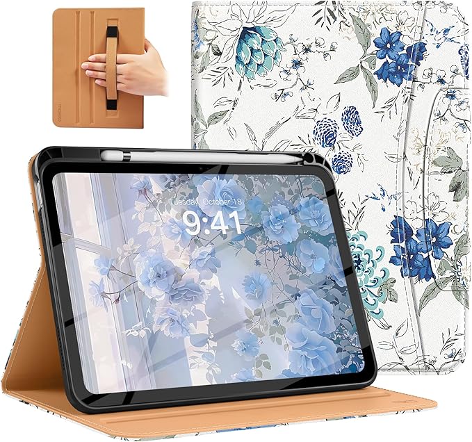 MoKo for iPad (A16) 11th Generation Case 11 inch 2025, iPad 10th Generation Case 10.9" 2022 with Pencil Holder & Pocket, Premium Leather Folio Stand Cover, Multiple Viewing Angles, White Blue Floral