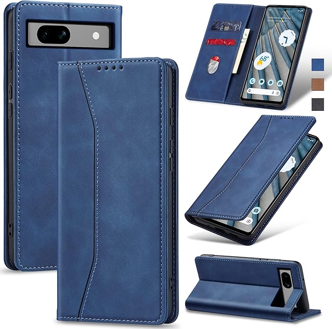 Jasonyu Flip Wallet Case for Google Pixel 7A,Leather Magnetic Folio Cover with Card Holder,Kickstand - TPU Shockproof Durable Protective Phone Case,Blue