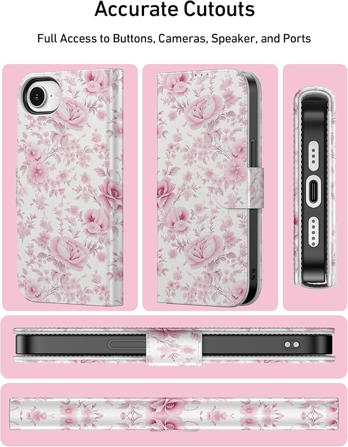 DEENAKIN for iPhone 16e Wallet Case with Card Holder + Cash Clip, RFID-Blocking, Military-Grade Drop Protection, Magnetic Closure with Leather Kickstand - Blooming Pink Roses