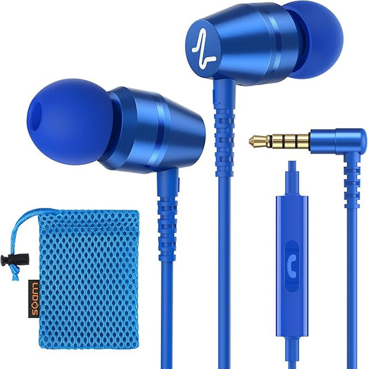 LUDOS OMNITONE Wired Earbuds in-Ear Headphones, 5 Years Warranty, Earphones with Microphone, 3.5 mm Jack Corded Ear Buds, Videoconference for iPhone, Samsung, Laptop, Kids, School Students - Blue