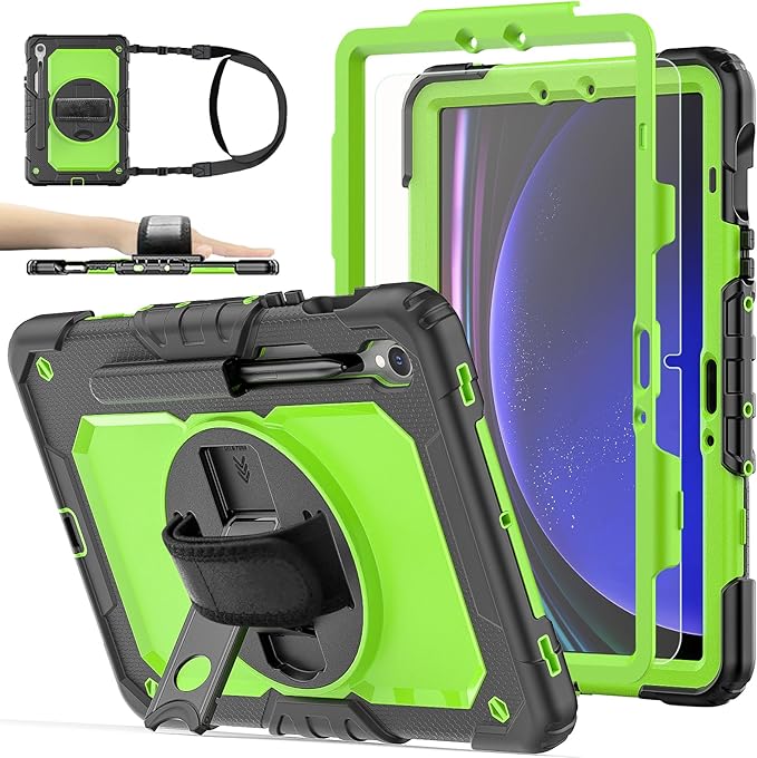 Case for Samsung Galaxy Tab S10 Lite/ S10 FE / S9 FE 10.9 Inch / S9 11'' 5G Protective with Screen Protector/Pen Holder/Hand Strap, Heavy Duty Shockproof Tablet Cover for S10 Lite, Green