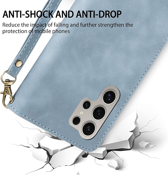 ZZXX for Samsung Galaxy S24 Ultra Wallet Case with RFID Blocking Card Slot PU Leather Zipper Flip Folio with Strap Kickstand Protective Cover for Galaxy S24 Ultra Case Wallet(Light Blue-6.8 inch)