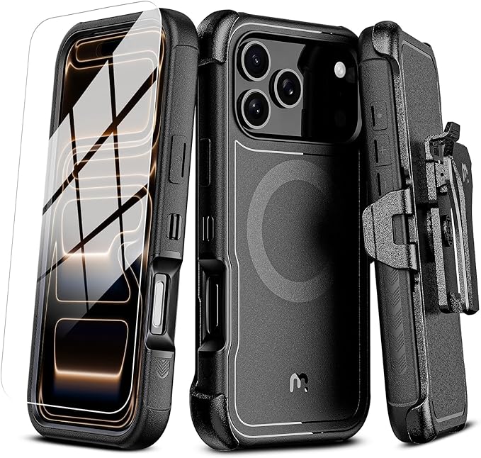 M MYBAT PRO For iPhone 17 Pro Max Case with Belt Clip Holster, Maverick Series 17 Pro Max Case[Compatible with Magsafe]w/Screen Protector,Anti-Drop,with 360°Rotating Kickstand,Heavy Duty Protection