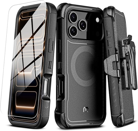 M MYBAT PRO for iPhone 17 Pro Case, Maverick Series Case with Belt Clip Holster,[Compatible with Magsafe] w/Screen Protector,Anti-Drop,Shockproof,w 360°Rotating Kickstand,Heavy Duty Protection Black
