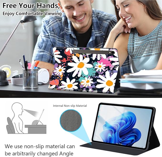 Slim Case for Samsung Galaxy Tab S10 FE / S9 FE 5G 10.9" & Tab S9 11", PU Leather Protective Cover, Multi-Angle Stand, Auto Sleep/Wake, White Flower