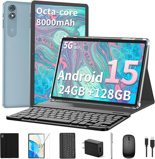 2025 Android 15 Tablet with Keyboard, 24GB+128GB+2TB Expand, 10.1 Inch Octa-Core 2-in-1 Tablets with 5G/2.4G WiFi, 8000mAh, BT5.0, GMS Certified, with Mouse, Case, Stylus, Split Screen(Black case)