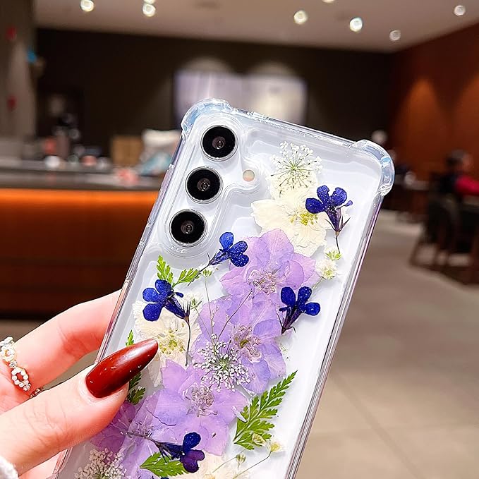 Compatible with Samsung Galaxy S25 Case Cute Pressed Dried Real Flowers Design Women Girly Shockproof Soft TPU Floral Clear Phone Cover for Galaxy S25 (Purple Flower)