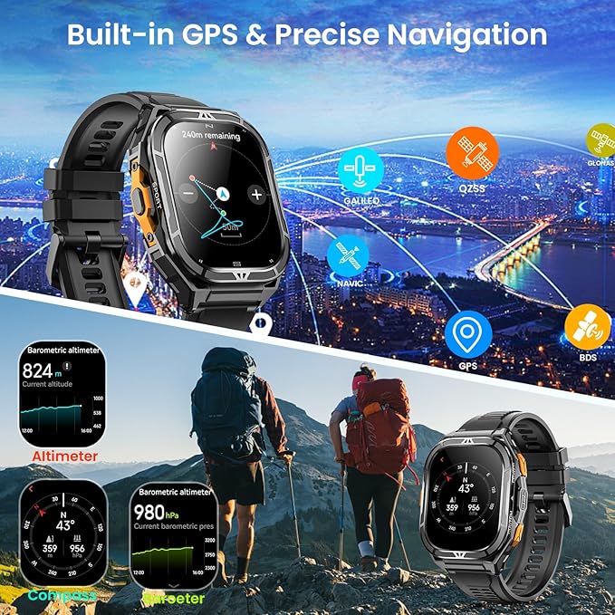 Smartwatch for Men GPS Sports Watch, 1.96" AMOLED Display, 5ATM Waterproof Metal Military Smart Watches, Fitness Activity Tracker with Compass Pedometer Sleep/Heart Rate Monitor for Android iOS Black