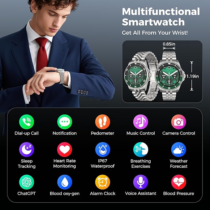 AI Smart Watch for Men Women -1.19" Luxury Smartwatch with Bluetooth Call, 24/7 Heart Rate, 100+ Exercise Modes, Fitness Sleep Monitor for iPhone Android, 2025, Silver Green