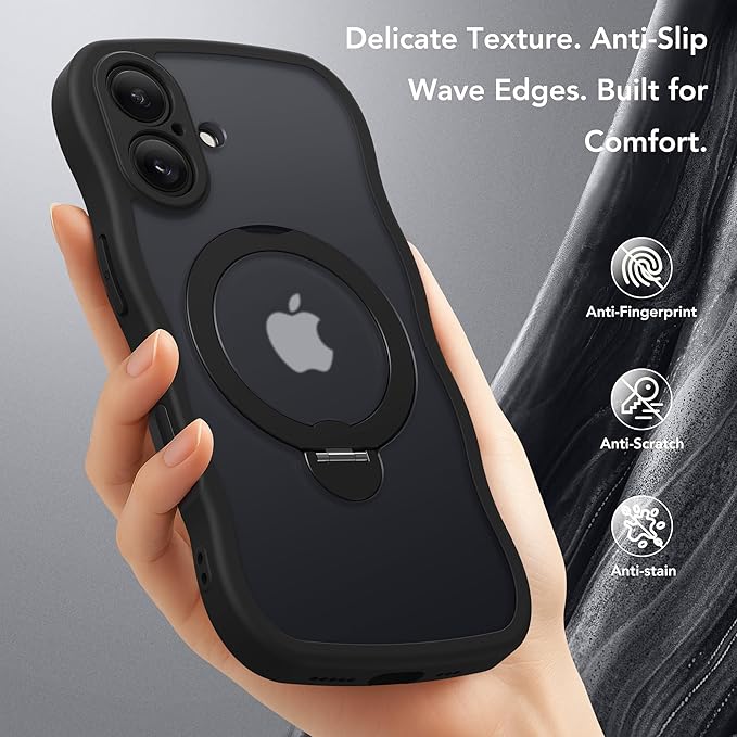 GolbinBox for iPhone 16 Plus Case,[Compatible with Magsafe][360° Spin Magnetic Stand][Military-Grade Protection][Camera Control][Cute Wave Edge] Translucent Matte Women Phone Cover for 16 Plus, Black