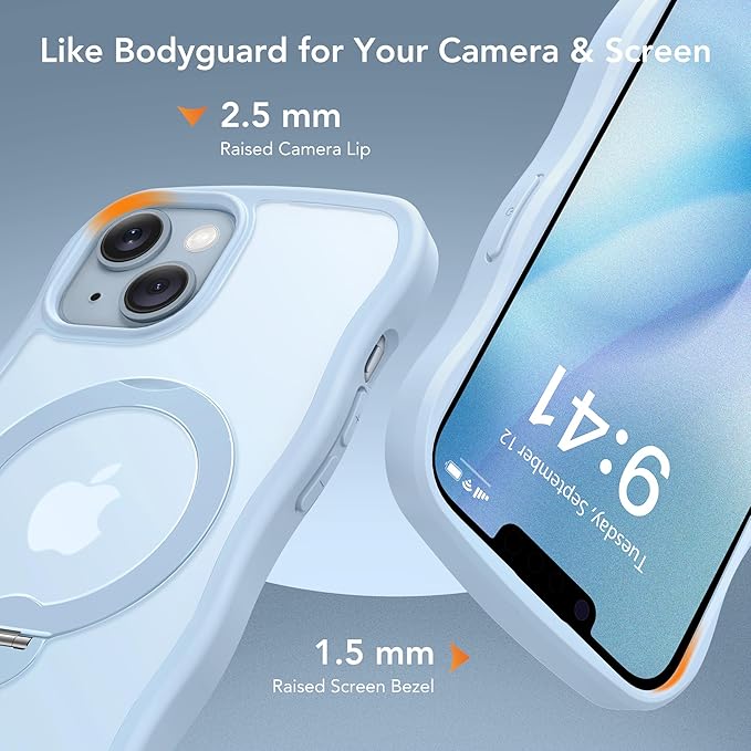 for iPhone 13 Case & iPhone 14 Case for Women,[Compatible with Magsafe][360° Spin Magnetic Stand][Cute Wave Edge][Military-Grade Protection]Translucent Matte Phone case for iPhone 13/14, Baby Blue