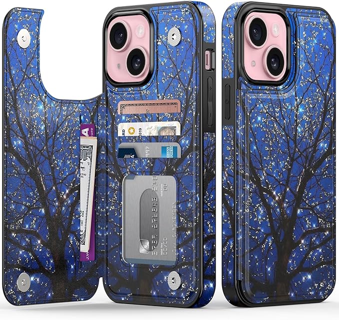 FUNMIKO for iPhone 15 Plus Wallet Case with Card Holder, RFID-Blocking, Military-Grade Protection & UV-Printed Artwork, Magnetic Closure with Leather Kickstand - Dreamy Wishing Tree