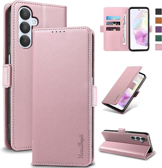Wallet Flip Case for Samsung Galaxy A35 5G - [RFID Blocking] Luxury PU Leather Card Holder Magnetic Phone Cover with Kickstand,Shockproof Protective Case,Pink