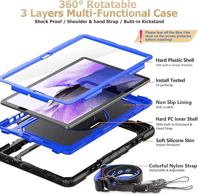 SEYMAC stock Case for Samsung Galaxy Tab S7 FE / S8 Plus 5G Case 12.4'' with Screen Protector Pencil Holder [360 Rotating Hand Strap] &Stand, Drop-Proof, Blue/Black