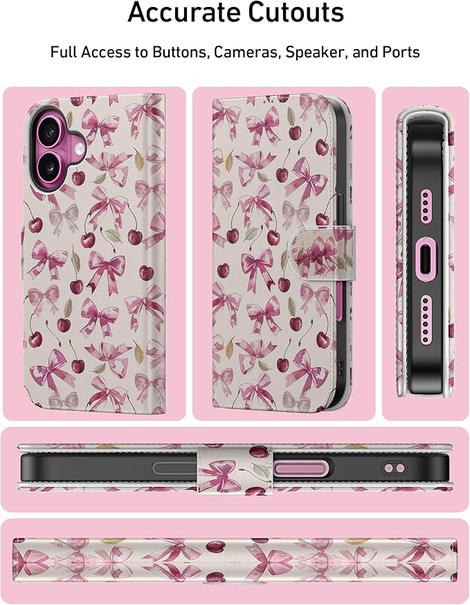 DEENAKIN for iPhone 16 Plus Wallet Case with Card Holder + Cash Clip, RFID-Blocking, Military-Grade Drop Protection, Magnetic Closure with Leather Kickstand - Cherry & Bowknot
