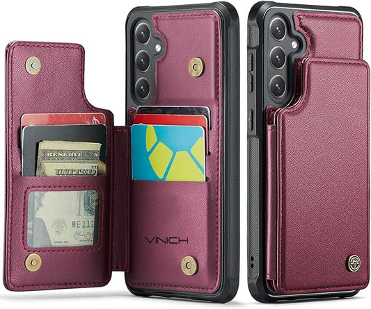 Vinich for Samsung Galaxy S24 FE Wallet Case with Card Holder, RFID Blocking Credit Slots Kickstand Shockproof Phone Cover for Women Men, Wine Red
