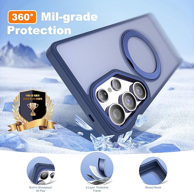 for Samsung Galaxy S25 Ultra Case with 360°Rotatable Magnetic Ring Stand Compatible with Mag-Safe Military Protection Shockproof Matte Translucent Phone Cases for S25 Ultra 6.9",Blue