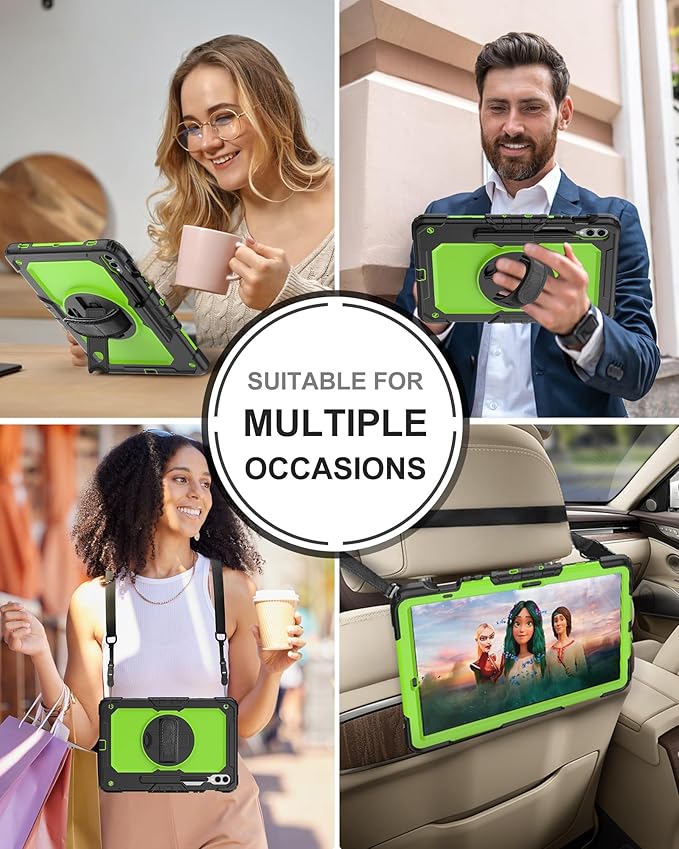 Case for Samsung Galaxy Tab S10 Plus/ S9 FE Plus/ S9 Plus 5G Case 12.4" [with Tempered Glass Screen Protector], Rotating Kickstand, S Pen Holder, Shoulder & Hand Strap (Green)