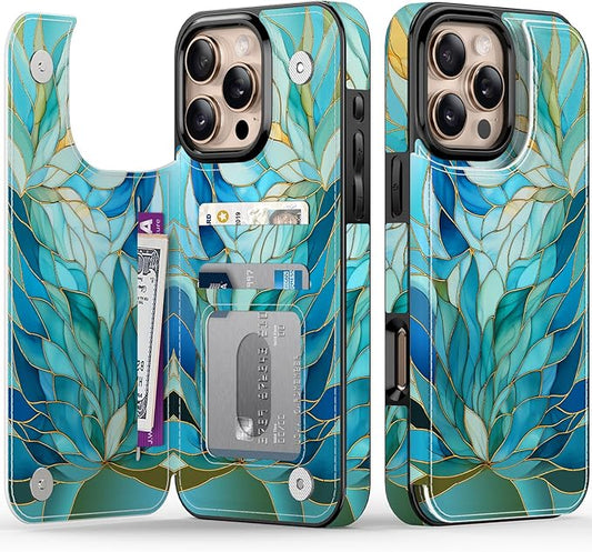 FUNMIKO for iPhone 16 Pro Wallet Case with Card Holder, RFID-Blocking, Military-Grade Protection & UV-Printed Artwork, Magnetic Closure with Leather Kickstand - Sleek Cyan Leaf