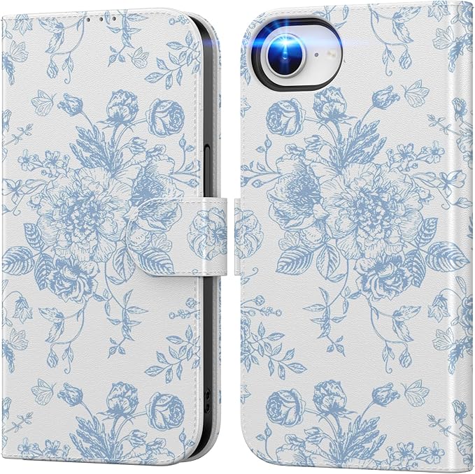 DEENAKIN for iPhone 16e Wallet Case with Card Holder + Cash Clip, RFID-Blocking, Military-Grade Drop Protection, Magnetic Closure with Leather Kickstand - Blue Floral Design