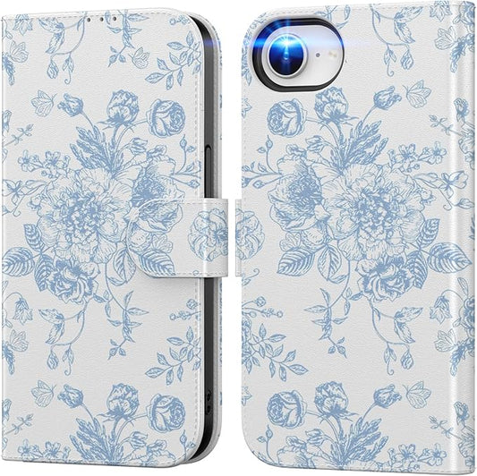 DEENAKIN for iPhone 16e Wallet Case with Card Holder + Cash Clip, RFID-Blocking, Military-Grade Drop Protection, Magnetic Closure with Leather Kickstand - Blue Floral Design