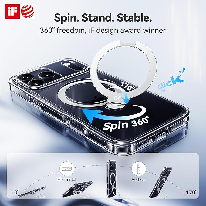 CASEKOO Clear Designed for iPhone 17 Pro Case with 360 Spin Magnetic Stand [Fit for MagSafe][17FT Military Protection] Slim Polished for iPhone 17 Pro Case with Stand 6.3'', Clear