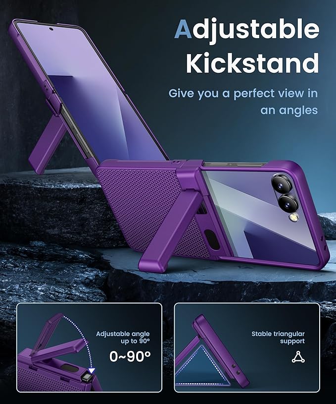 Vihibii for Samsung Galaxy Z Flip 7 Slim Case with Stand & Hinge Protection & Outer Screen Protector & Non-Slip Texture, Shockproof Durable Phone Case for Samsung Galaxy Z Flip 7 5G 2025, Dark Purple