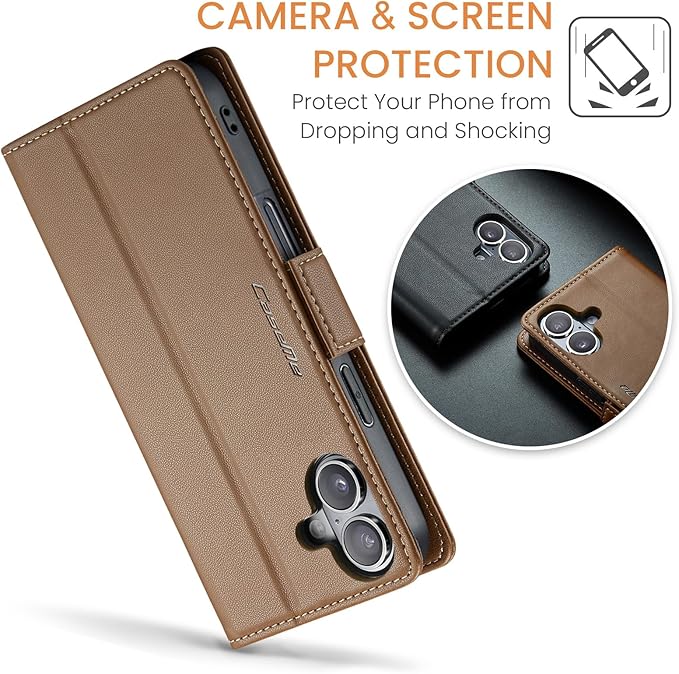for iPhone 16 Case, Premium PU Leather Wallet Case Flip Cover with [RFID Blocking][Card Holder][Stand Function] Shockproof Protective for iPhone 16, Brown