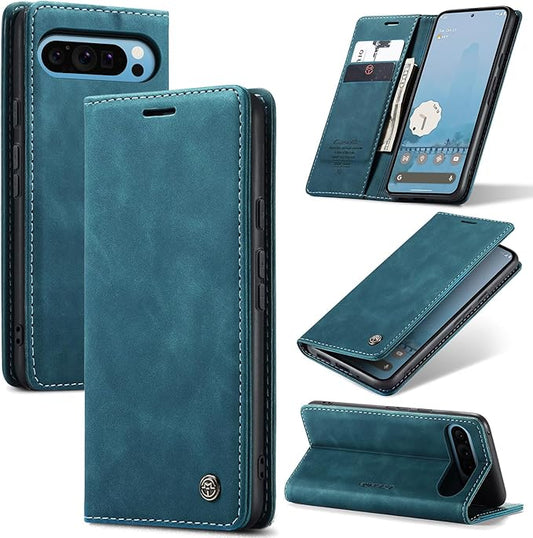 for Google Pixel 10 Pro XL/Pixel 9 Pro XL Case, Flip Wallet Leather Case with Card Holder Magnetic Closure Shockproof Kickstand Protective Phone Cases Cover, Blue-Green
