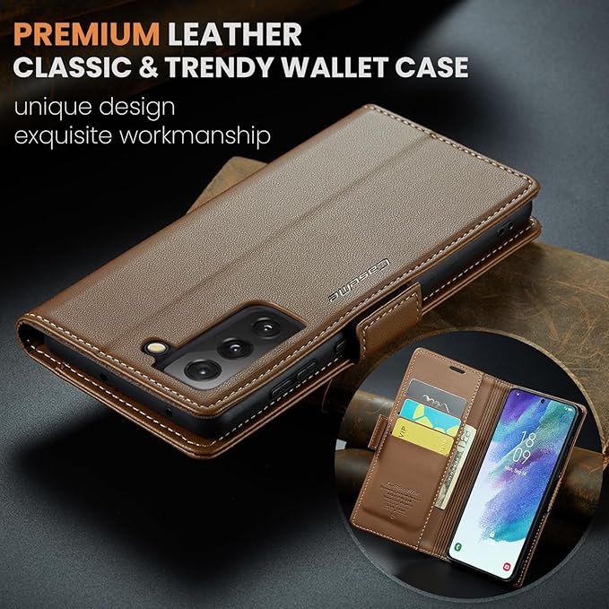 Case for Samsung Galaxy S21 FE Wallet Case, RFID Blocking PU Leather Flip Folio Cover Card Holder Kickstand Shockproof Phone Case Compatible with Samsung Galaxy S21 FE, Brown