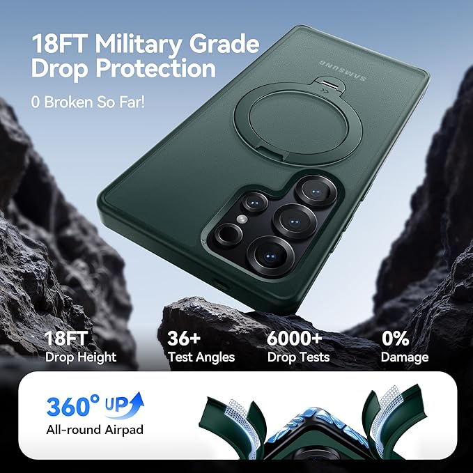 CASEKOO Patented 360° Spin Magnetic Stand for Samsung Galaxy S25 Ultra Case [18FT Military Drop Protection] [Compatible with MagSafe] Matte Translucent Slim S25 Ultra Case 6.9'' 2025, Green