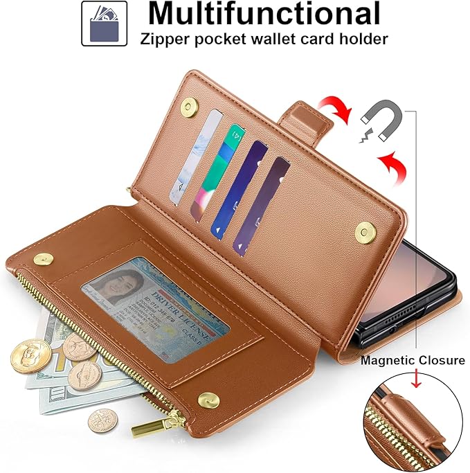 Antsturdy Compatible with Samsung Galaxy Z Fold7 Case Wallet with Card Holder,Z Fold 7 5G Phone Case with Strap Shockproof PU Leather RFID Blocking Flip Cover Credit Card Slots Women Men,Light Brown