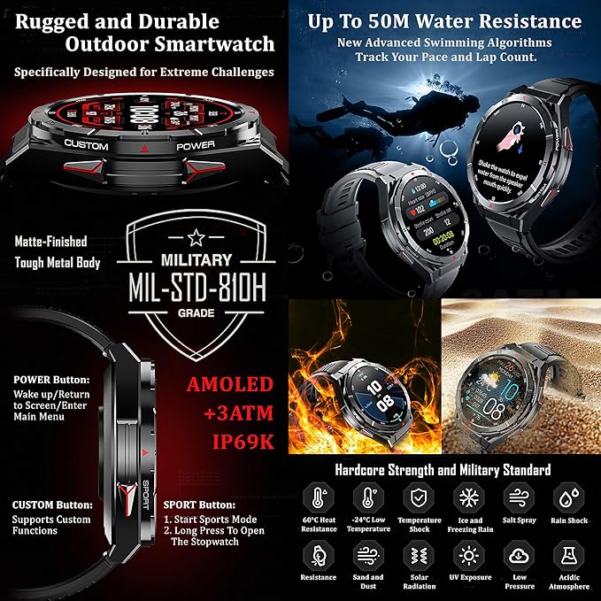 Military GPS Smart Watch: 1.43” AMOLED Always On Display, Built-In GPS, Compass, Altimeter, Barometer, Fitness/Path Tracker, BT Call, 150+ Sports, IP69K, Voice Assist, Long Battery Life, Android/iOS