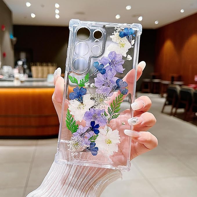 Compatible with Samsung Galaxy S23 Ultra Case Cute Pressed Dried Real Flowers Design Women Girly Shockproof Soft TPU Floral Clear Phone Cover for Galaxy S23 Ultra (Purple Flower)