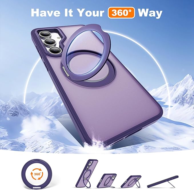 for Samsung Galaxy S23 FE Case with 360° Rotatable Magnetic Ring Stand Compatible with Mag-Safe Military Protection Shockproof Matte Translucent Phone Cases for S23 FE,Dark Purple