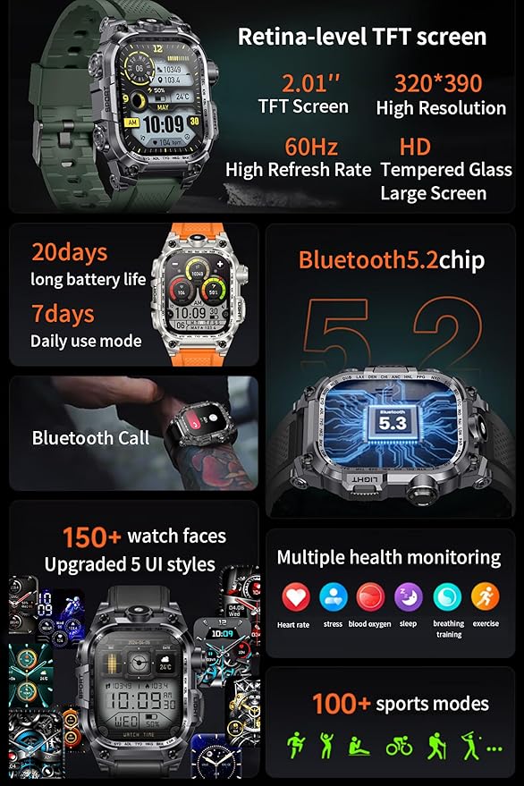 Tough Smart Watch for Working Men with Flashlight, 2.01" HD Ultra Large Rugged Smartwatch Bluetooth Call/Heart Rate/Sleep Monitor Hiking Camping Fitness Track Watches