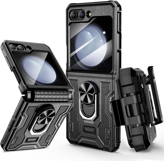 VEGO for Galaxy Z Flip 5 Case with Stand, 360°Ring Magnetic Ring Kickstand & Belt Clip Holster & Camera Screen Protector & Hinge Protection, Shockproof Cover - Black
