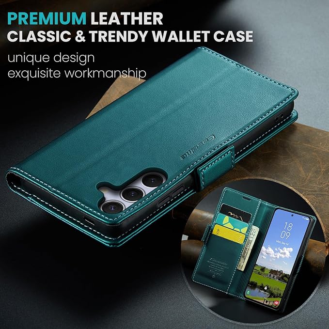 for Samsung Galaxy S25 Plus Case, Premium PU Leather Wallet Case Flip Cover with [RFID Blocking][Card Holder][Stand Function] Shockproof Protective for Samsung Galaxy S25 Plus, Blue-Green