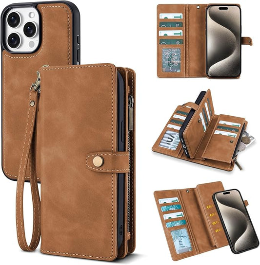 TwoHead Wallet Case Compatible with iPhone 15 Pro Max,Detachable Magnetic Phone Case,All-Round Shockproof Protective Leather Phone Case with Card Holder,6.7 in,Brown