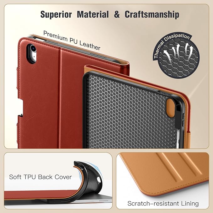 MoKo for iPad (A16) 11th Generation Case 11 inch 2025, iPad 10th Generation Case 10.9" 2022 with Pencil Holder & Pocket, Premium Leather Folio Stand Cover, Multiple Viewing Angles, Reddish Brown