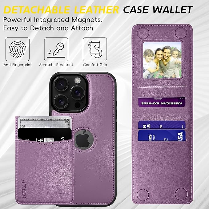 for iPhone 16 Pro Max Leather Wallet Case, Compatible with Magsafe, 2 in 1 Detachable Magnetic Card Holder, RFID Blocking Kickstand Credit Slots Flip Case for Men Women, Purple