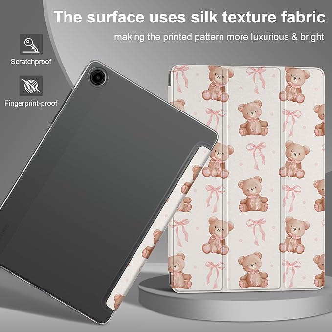 DONGKE Case for Samsung Galaxy Tab A9+/A9 Plus 11 inch 2024 2023 (SM-X210/X216/X218), Slim Stand Hard PC Translucent Back Shell Smart Cover, Auto Wake/Sleep - Bear with Bows