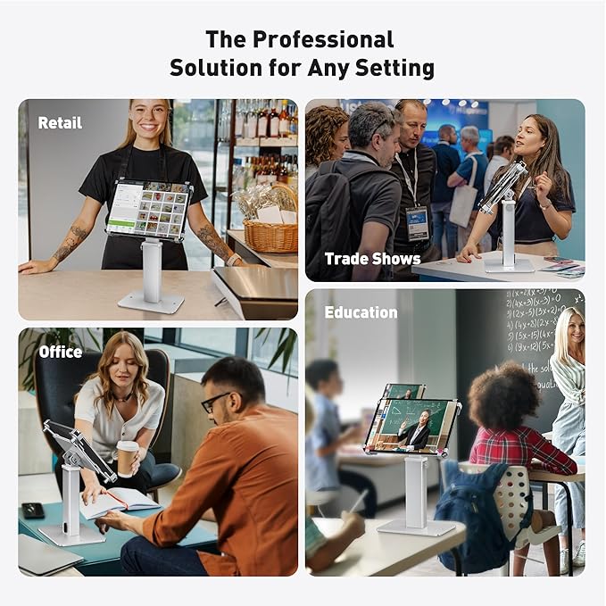 AboveTEK Anti-Theft iPad Kiosk Stand, 360 Rotation & Adj. Height 8.3"–13.4", Heavy-Duty Steel & Aluminum, Fits 9.7"-13" Tablets, Security Retail POS Tablet Stand for Business & Commercial Use (Silver)