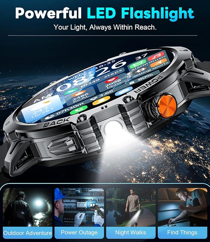 Military Smartwatch for Men(Answer/Make Calls),1000mAh Battery 1.85” HD Large Screen Fitness Watches with 100+ Sports Modes/Heart Rate Monitor Built-in LED Flashlight for Android iOS
