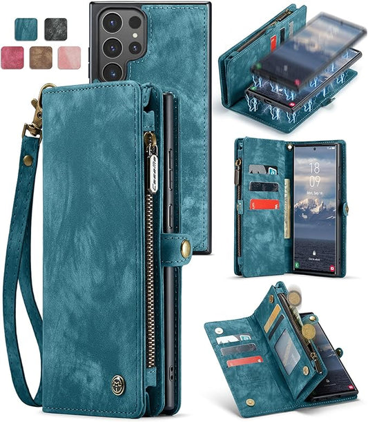SZHAIYU 2 in 1 Detachable for Samsung Galaxy S24 Ultra Wallet Case with Card Holder, Retro Premium Flip Leather Cover Magnetic Zipper Pocket Phone Cases 6.8'' (Blue, S24 Ultra)