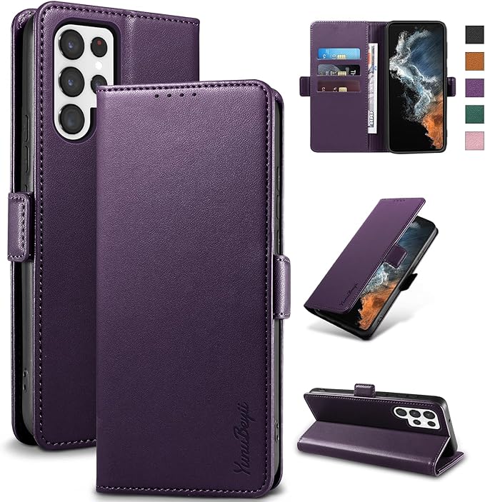 Wallet Flip Case for Samsung Galaxy S22 Ultra 5G - [RFID Blocking] Luxury PU Leather Card Holder Magnetic Phone Cover with Kickstand,Shockproof Protective Case,Purple