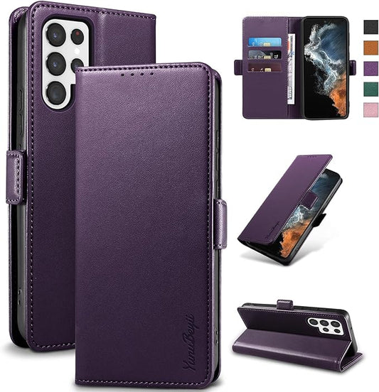 Wallet Flip Case for Samsung Galaxy S22 Ultra 5G - [RFID Blocking] Luxury PU Leather Card Holder Magnetic Phone Cover with Kickstand,Shockproof Protective Case,Purple
