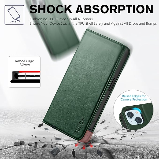 TUCCH Wallet Case for iPhone 15 6.1", Kickstand PU Leather Flip Folio Book Case with 3 Credit Card Holder RFID Blocking [Shockproof TPU Interior Case] Compatible with iPhone 15 5G 2023, Dark Green